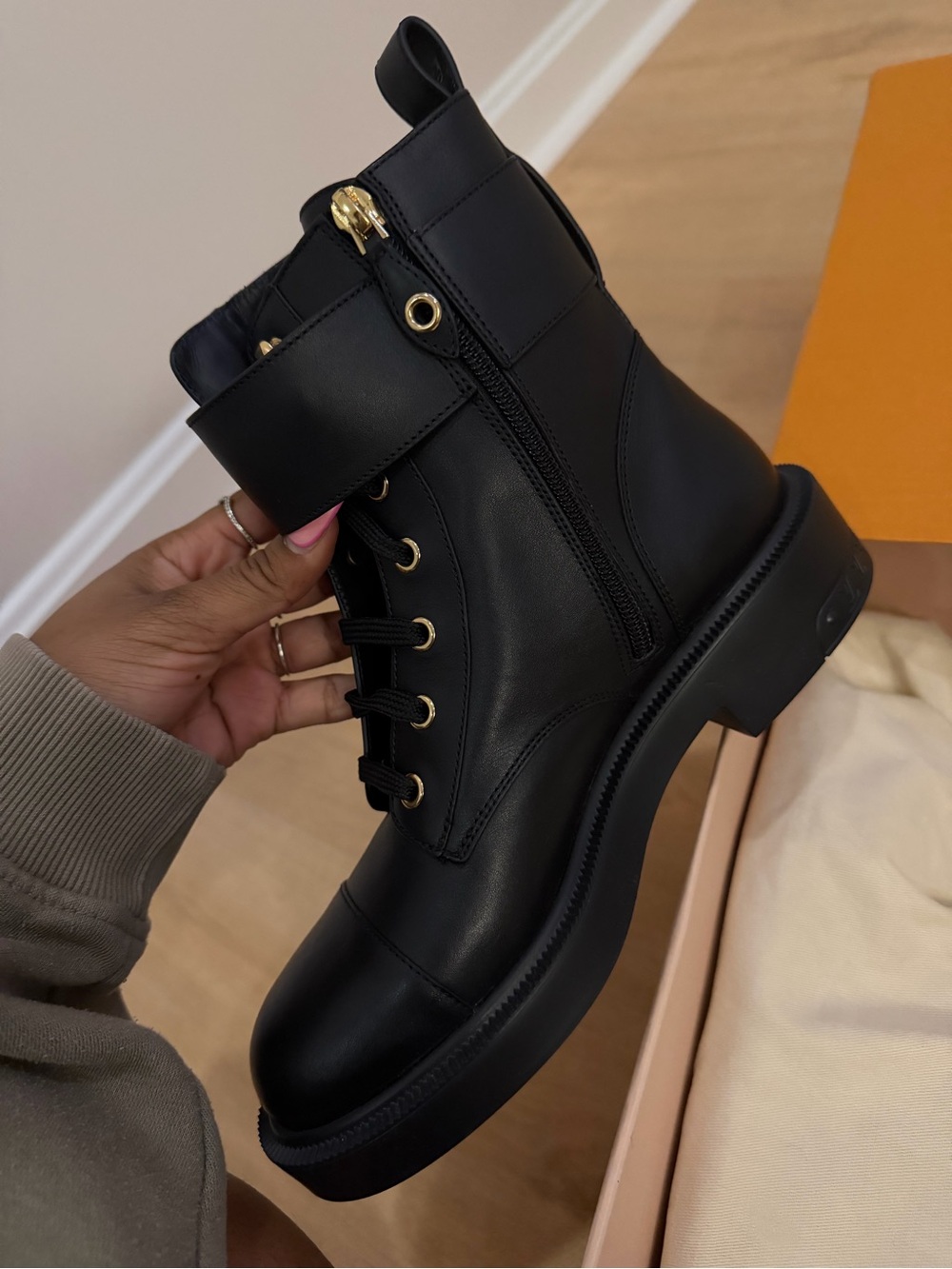 Louis Vuitton Black Leather Lace-Up Ankle Boot with Gold LV Accent - Picture 2 of 4